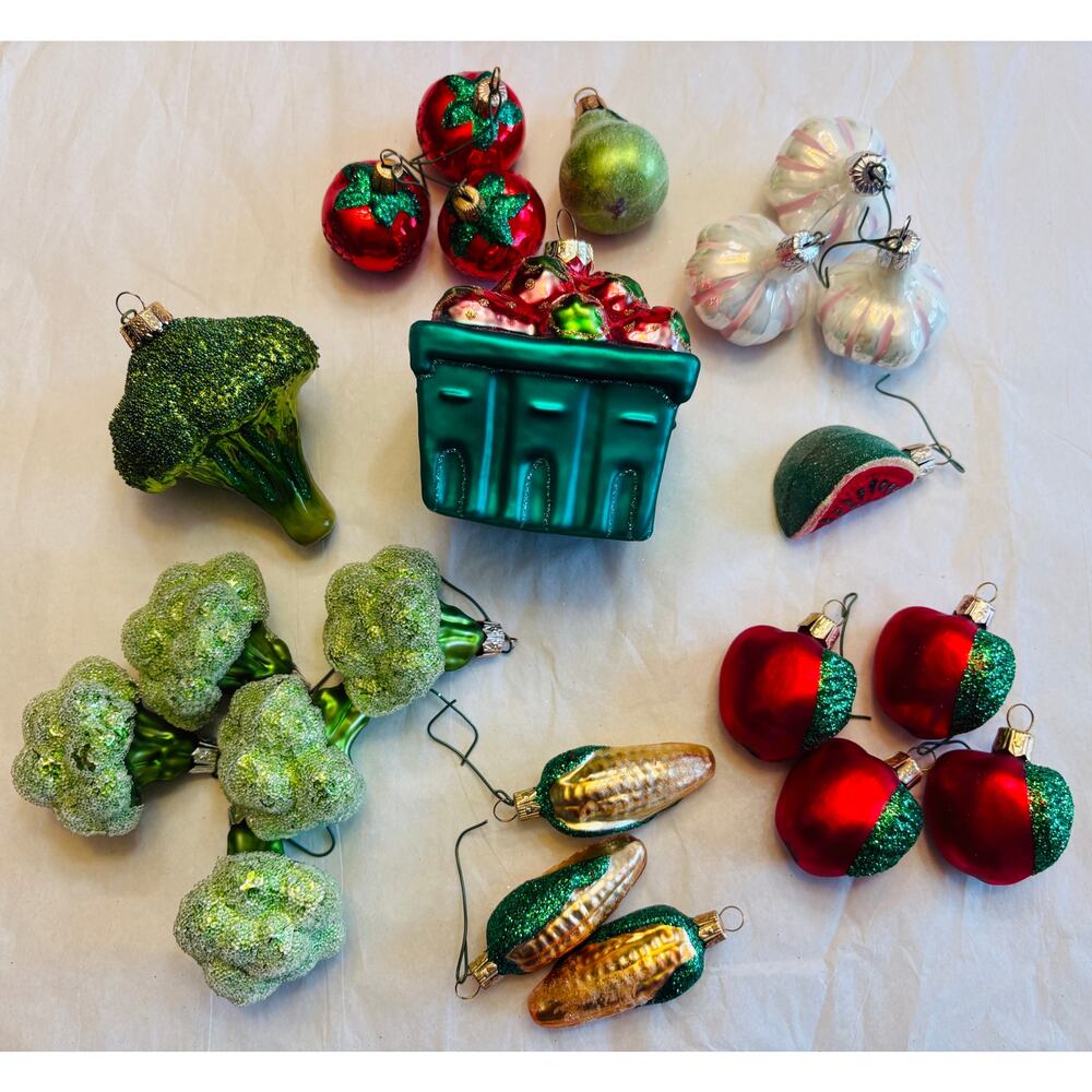 Lot of 22 Vintage Fruit Vegetables Farm Blown Glass Ornaments